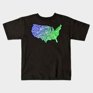 Colorful mandala art map of the United States of America in blue and green Kids T-Shirt